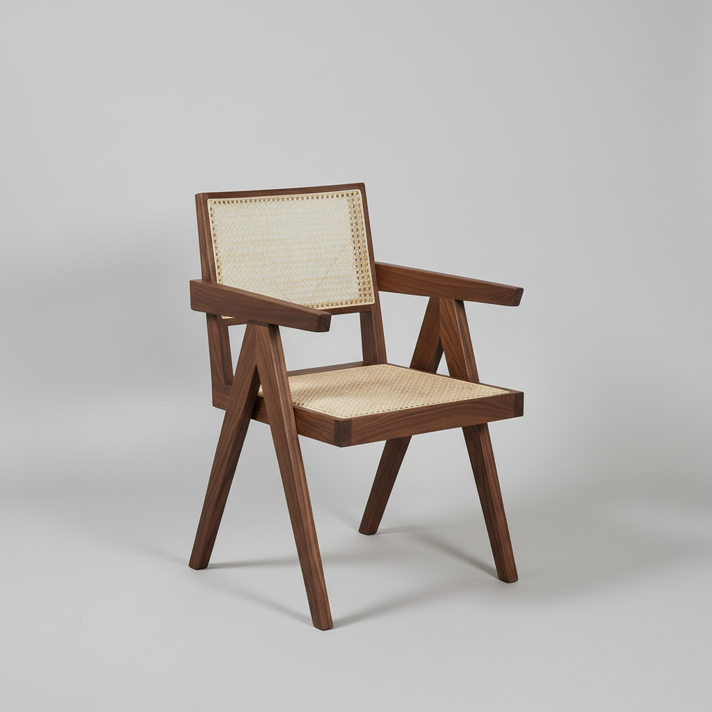 Chandigarh Cane Chair in brown walnut finish front side view displaying natural rattan cane weaving on seat and backrest, lounge chair, dining chair from House of Woodworm