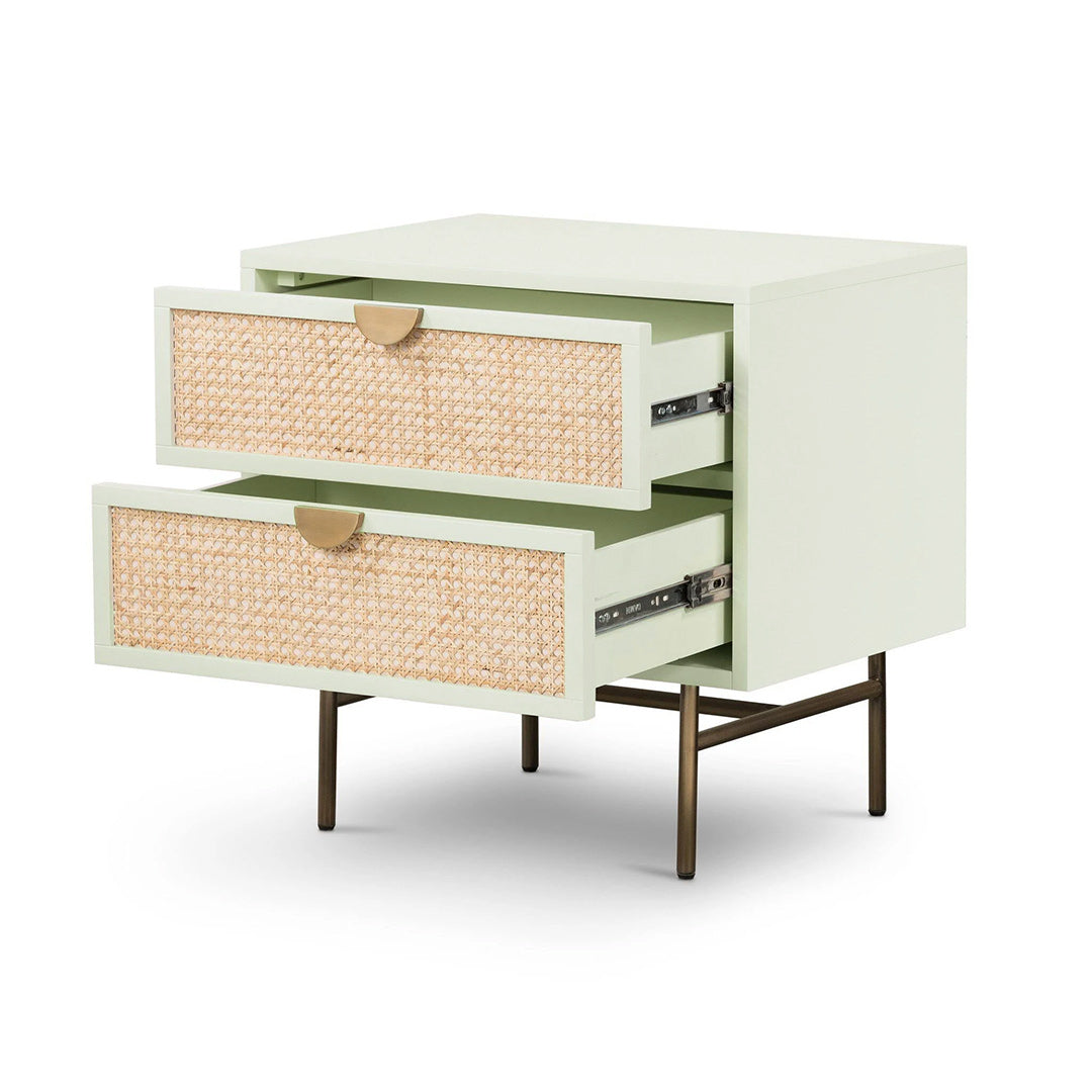 Two-toned nightstand unit with natural rattan-front panels