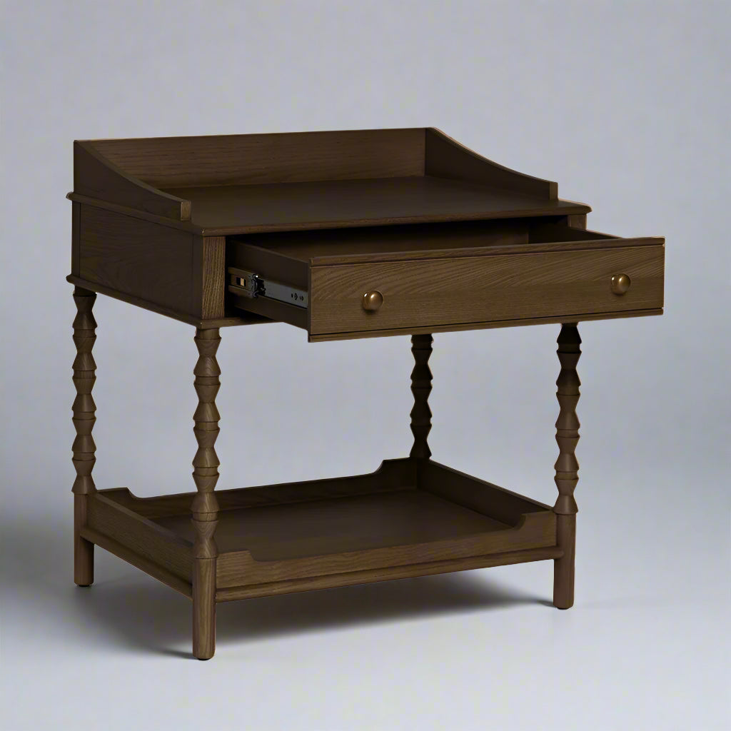 topia nightstand Wooden bedside table with an open drawer by house of woodworm in walnut stained finish