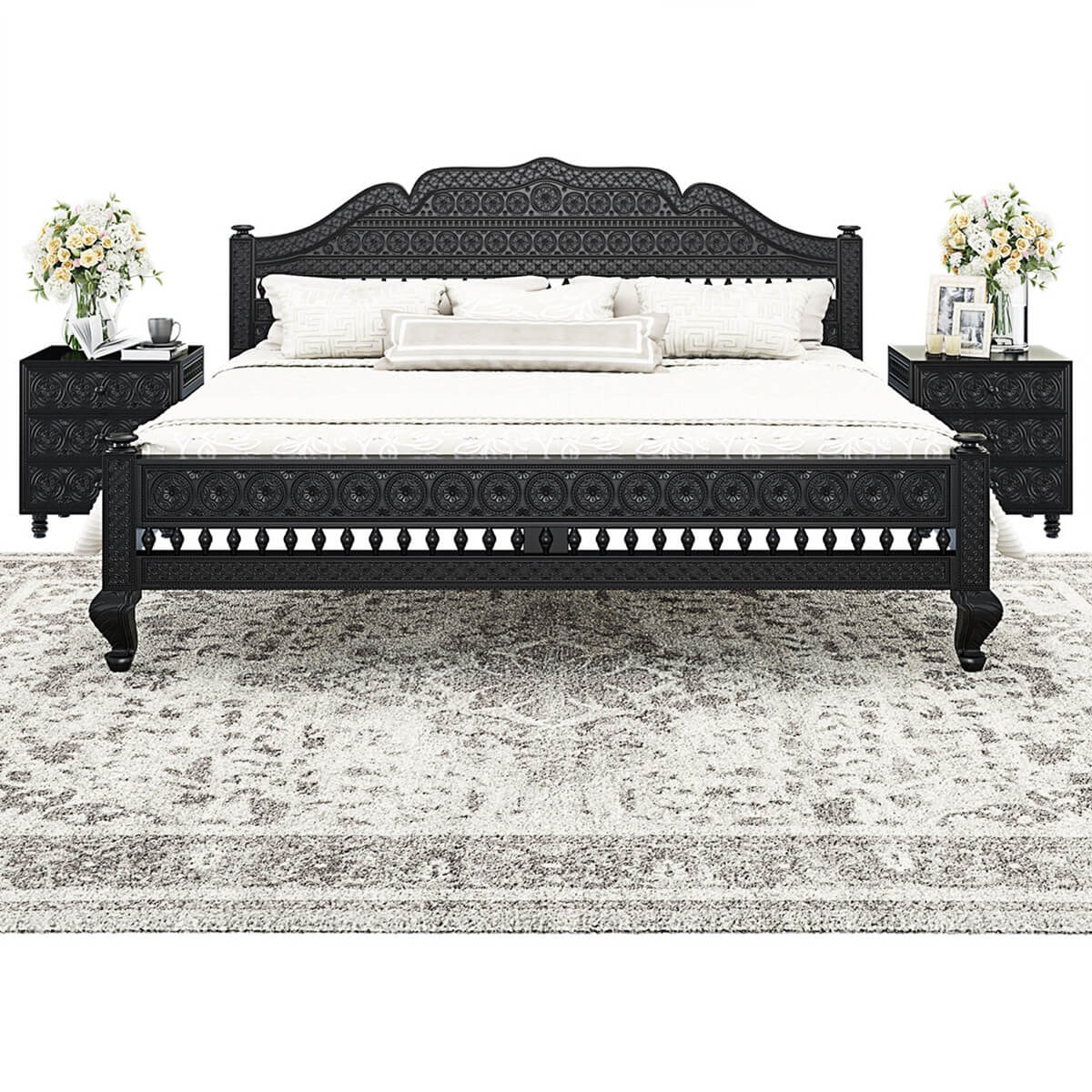 Woodworm Furniture | Barmer Carved | Solid Wood | Platform Bed | Front View |