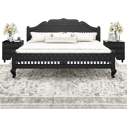 Woodworm Furniture | Barmer Carved | Solid Wood | Platform Bed | Front View |