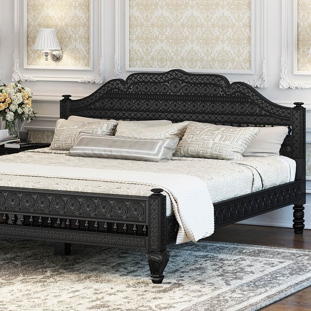 Woodworm Furniture | Barmer Carved | Solid Wood | Platform Bed