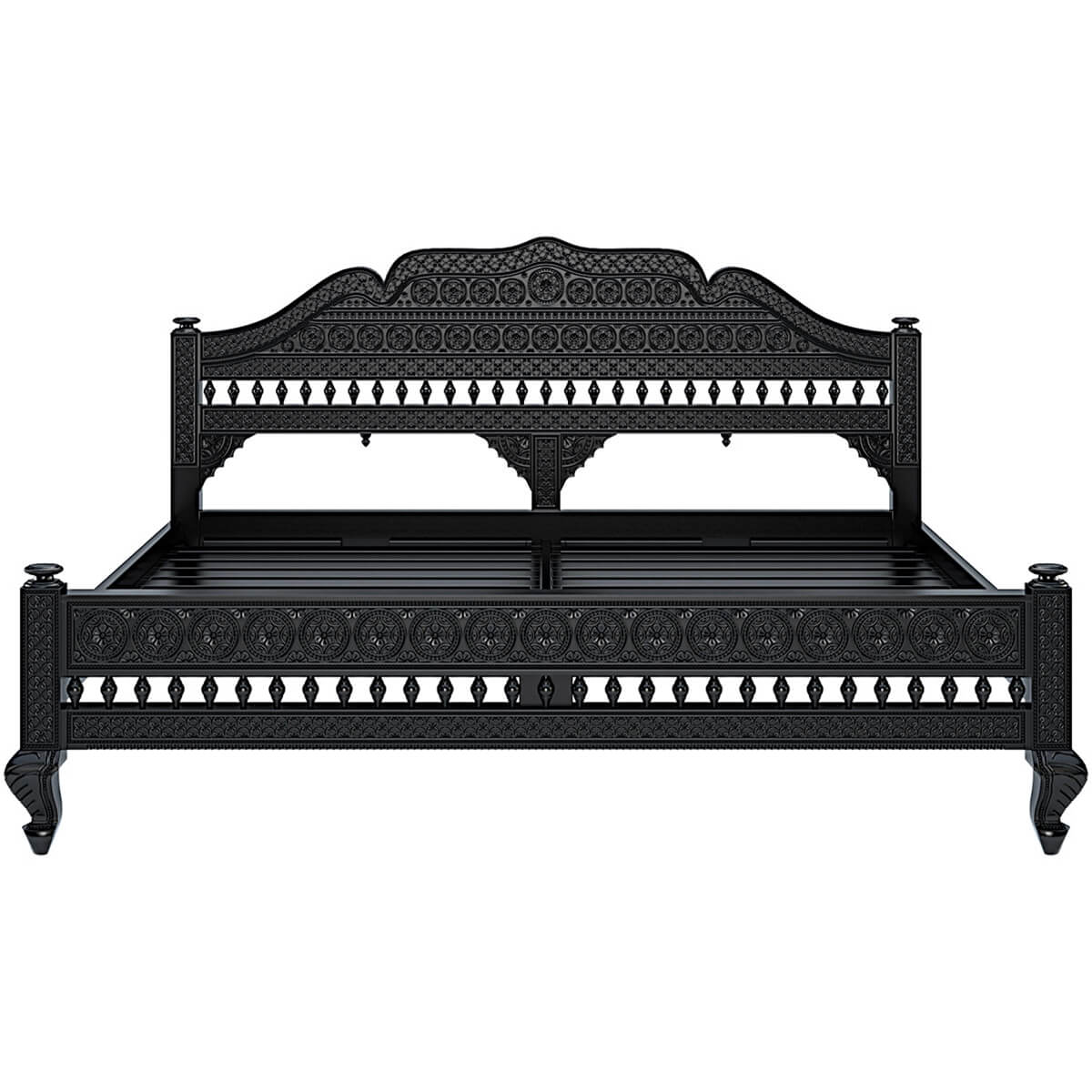 Woodworm Furniture | Barmer Carved | Solid Wood | Platform Bed | Front View |