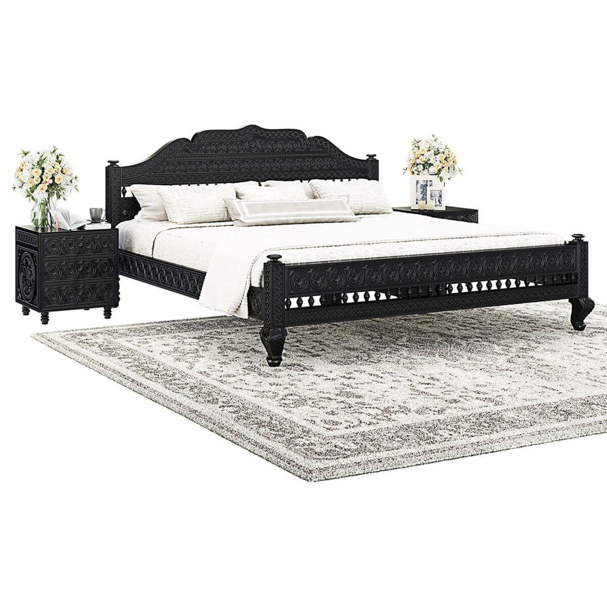 Woodworm Furniture | Barmer Carved | Solid Wood | Platform Bed | Heritage Bed