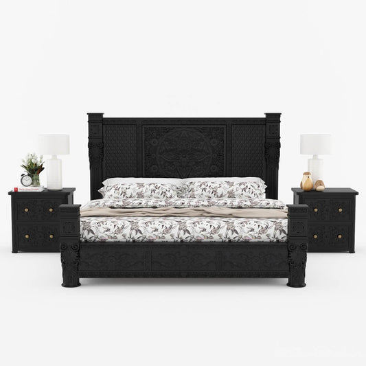 Woodworm Furniture | Jodhpur Carved Bed | Solid Wood | Sheesham | Black