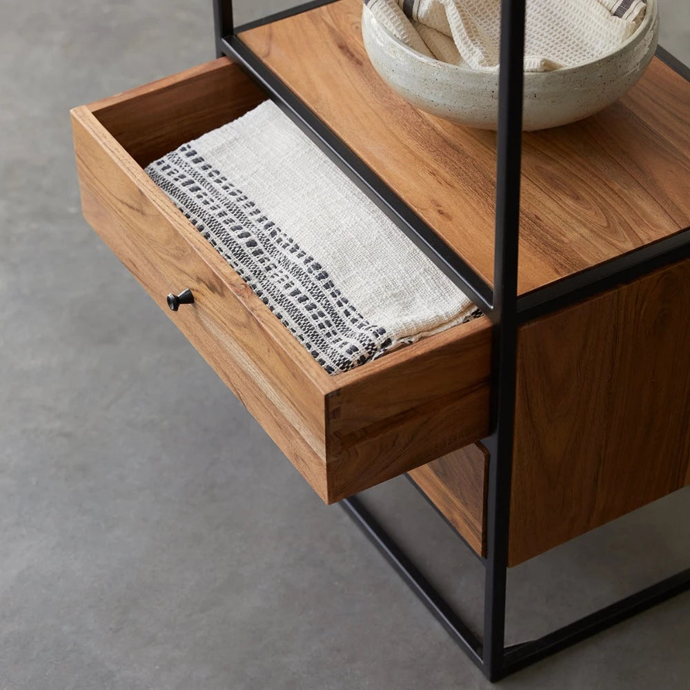 Woodworm furniture-Solid wood-Sheesham-Alif Single-Bookcase-BookSelf-Drawer-Natural