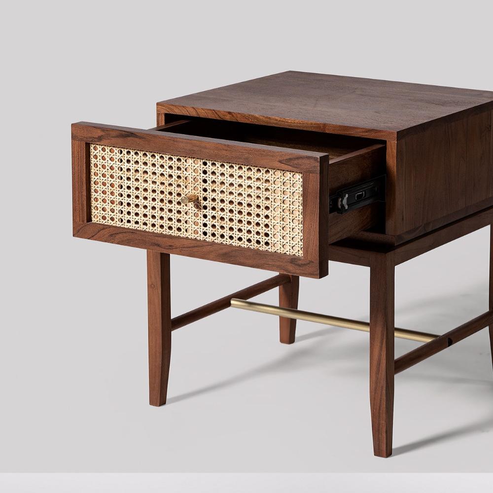 Raphia Bedside Table in walnut finish with natural rattan cane panels and brass hardware, premium bedroom furniture