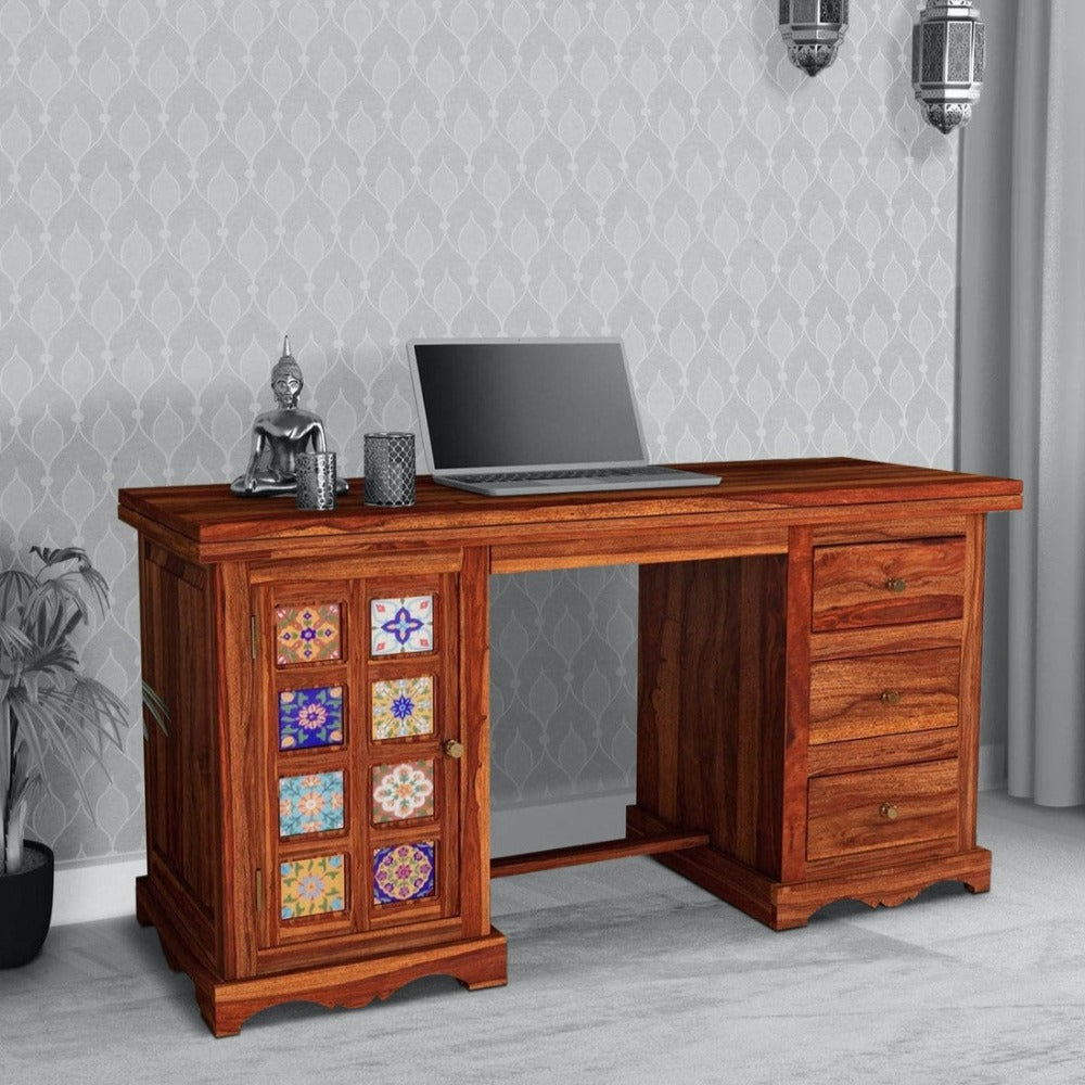 Woodworm Furniture | Nabu Solid Wood Study Desk | Handicraft Tilework