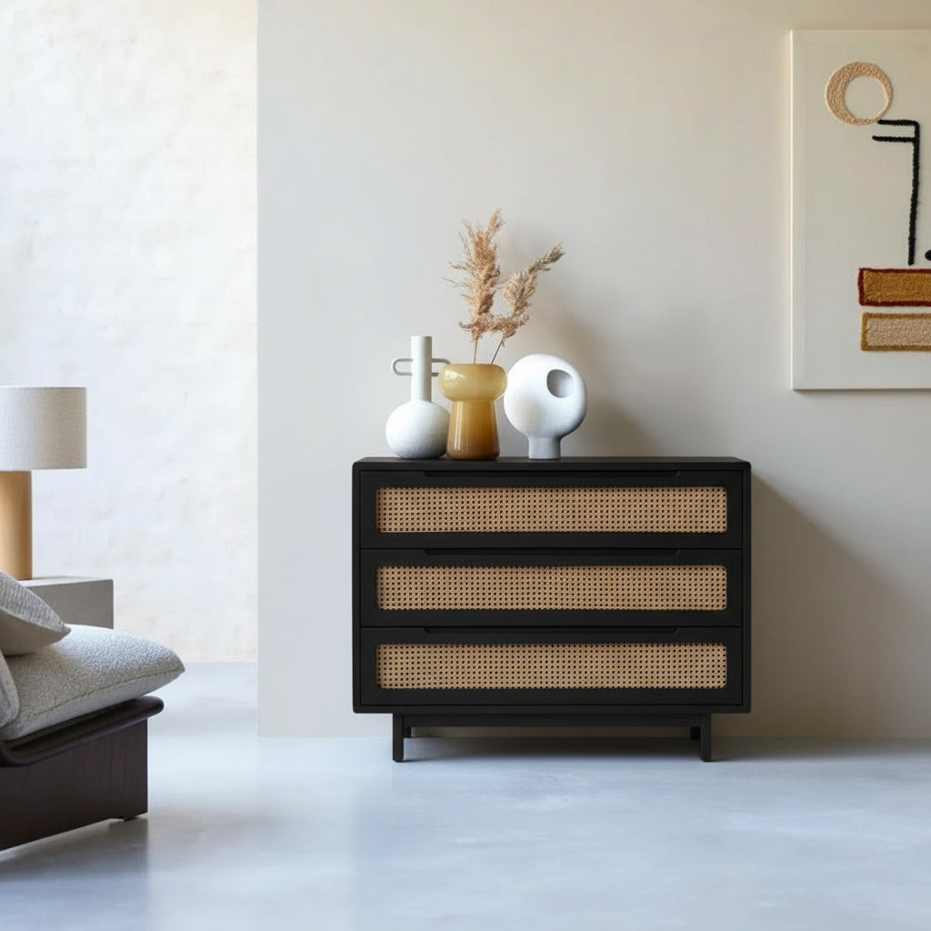 louis Wooden dresser in ebony black stained solidwood with natural rattan cane drawers in a minimalistic room.