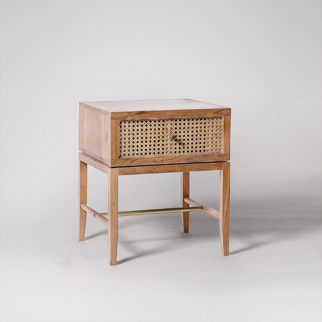 Raphia Bedside Table in natural finish showing solid Rosewood construction and woven cane details, mid-century modern design