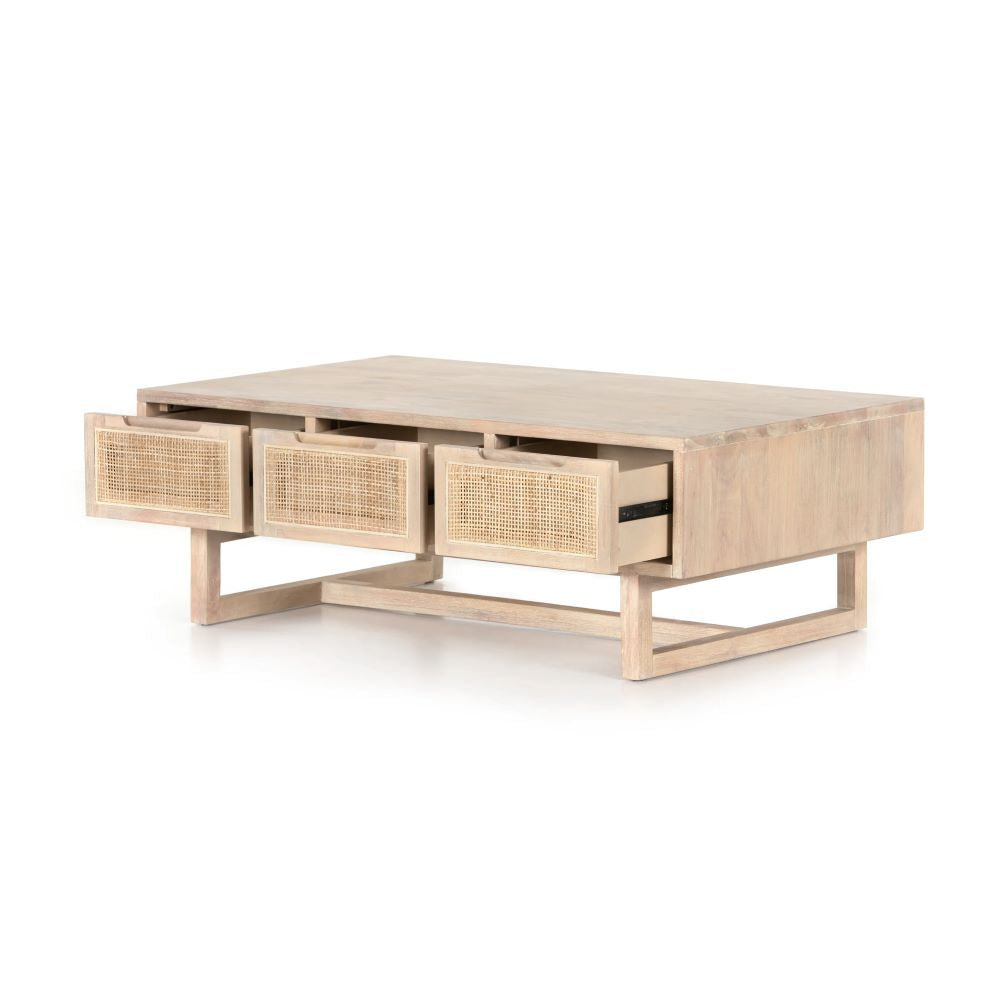 Olivia Coffee Table in natural finish with 3 cane drawers, solid wood centre table with storage b y House of woodworm