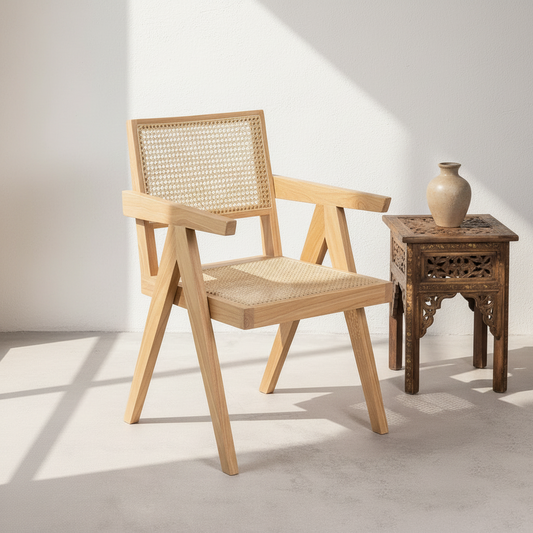 Chandigarh Cane Chair in natural wood finish with natural rattan cane seat and backrest, Pierre Jeanneret inspired solid wood chair by House of Woodworm. can be used as dining chair or an office chair