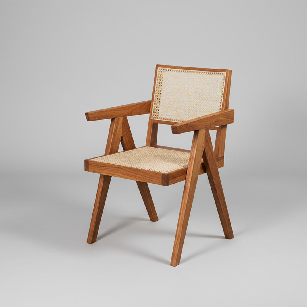 Chandigarh Chair in honey brown finish showing solid wood construction and woven natural rattan cane seat, affordable premium furniture by House of Woodworm