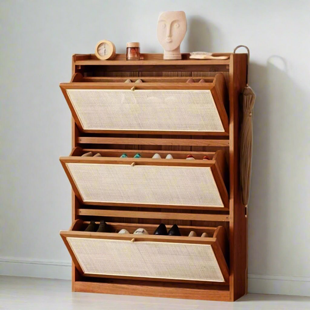 Raphia Shoe Rack | Solid Wood & Cane | Sleek Design & 3 Pivot Drawers ...