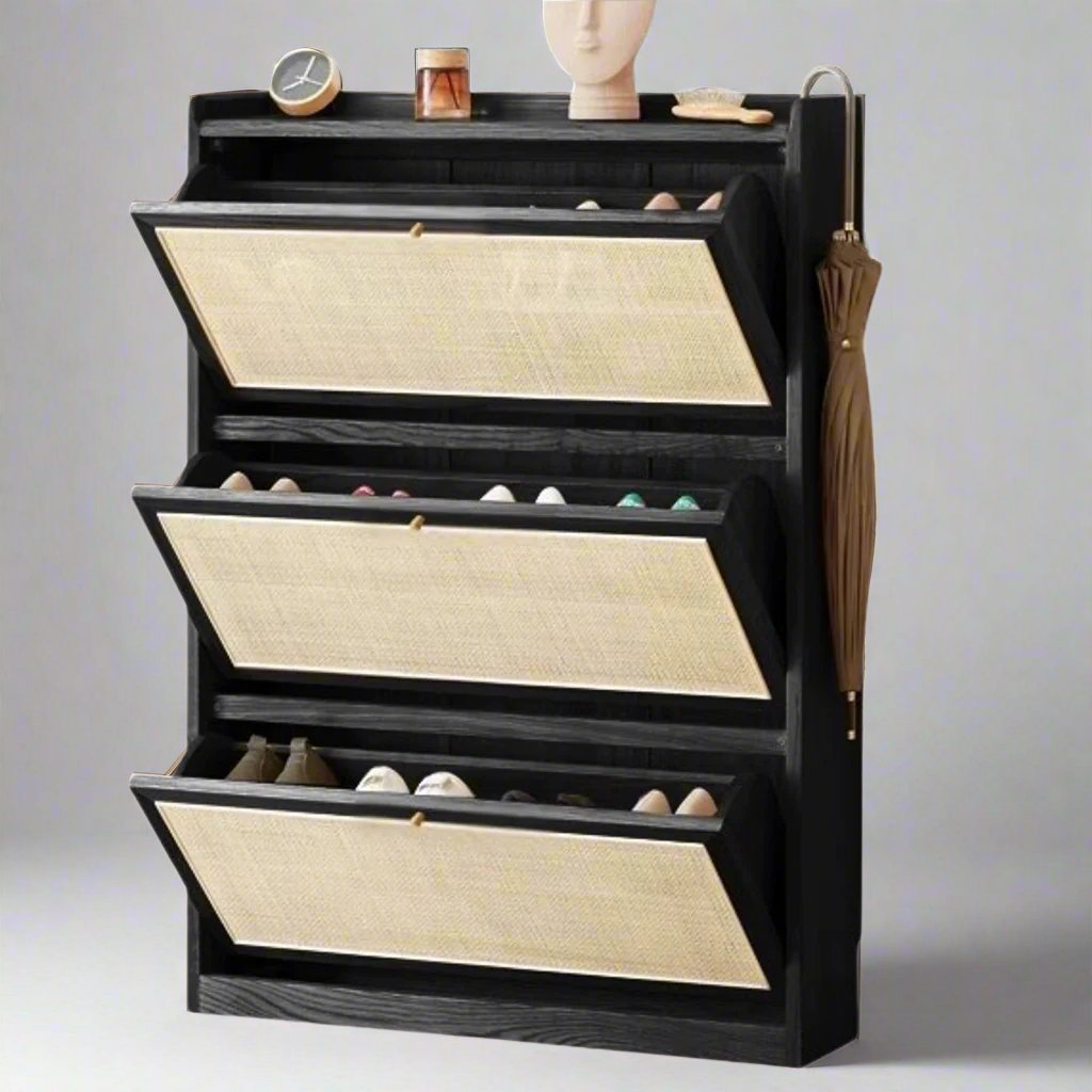 Shoe Racket With Rake House of Woodworm | Premium Raphia Shoe Cabinet | Rattan & Solidwood