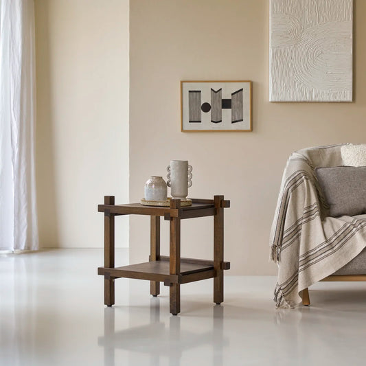 a minimal end table made of solid mango wood with 2 levels and Honey Finish