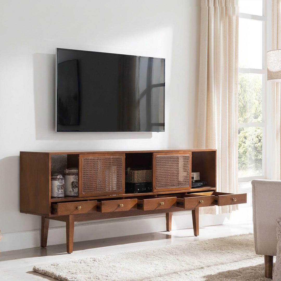 Mewar TV Cabinet showing natural cane weaving detail on cabinet doors, mid-century modern design