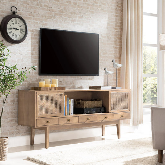 Mewar Cane TV Cabinet in natural finish with rattan cane doors and 5 drawers with brass knobs, handcrafted solid wood entertainment unit by House of Woodworm