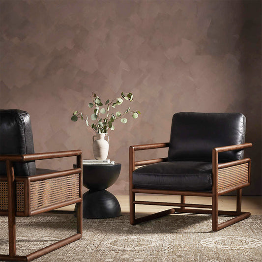 Carlin Cane Armchair in solid wood with woven natural rattan cane panels and padded upholstered seat, handcrafted furniture by House of Woodworm