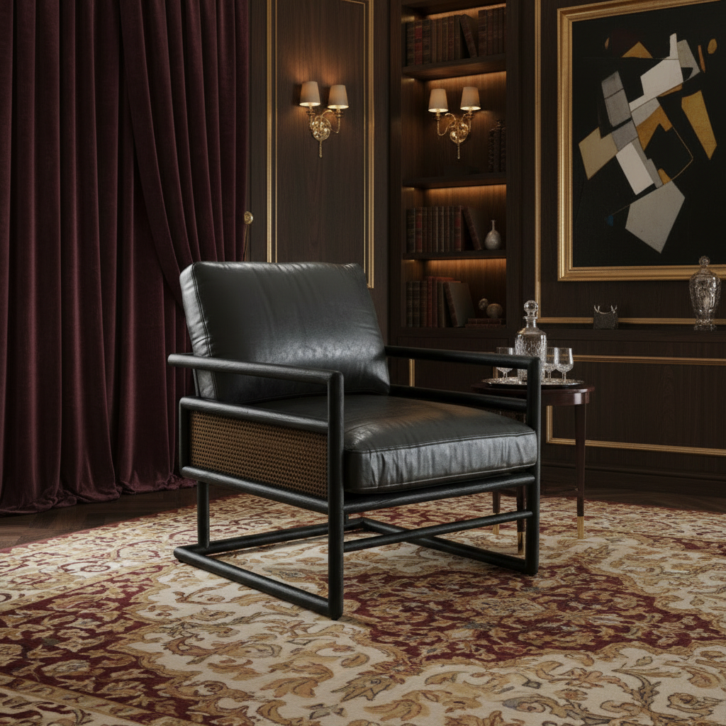 Carlin Cane Sofa Armchair in black ebony finish with PU leather upholstery, woven cane panels in a luxurious room