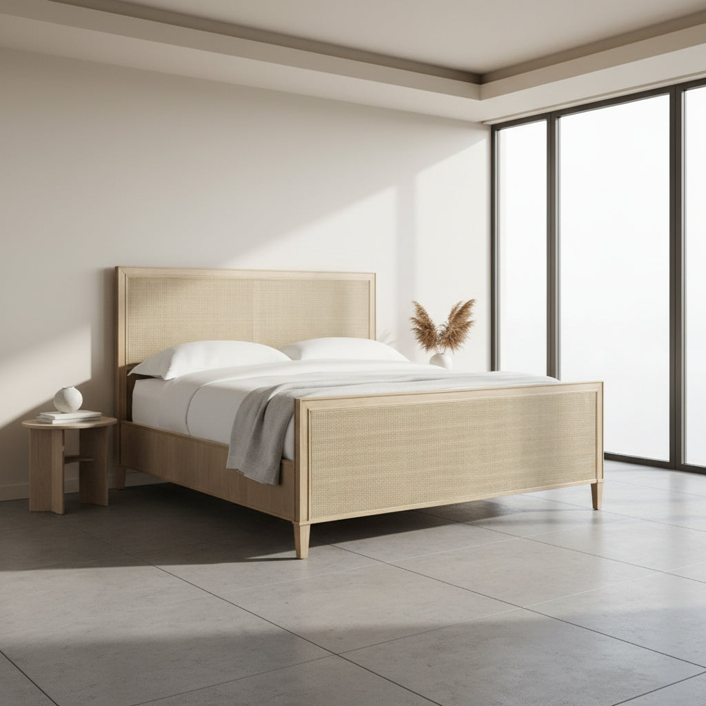 natural wood bed frame with white bedding in an Indian flat
