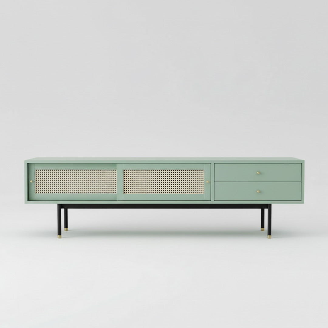 Catan wooden TV stand in Sage green color with natural rattan cane work, solid Acacia wood entertainment center by house of woodworm