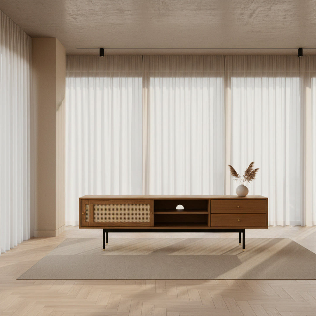 Catan Cane Entertainment Unit and TV stand in honey finish solid wood with spacious storage compartments with natural rattan cane detailing and two drawers from House of Woodworm