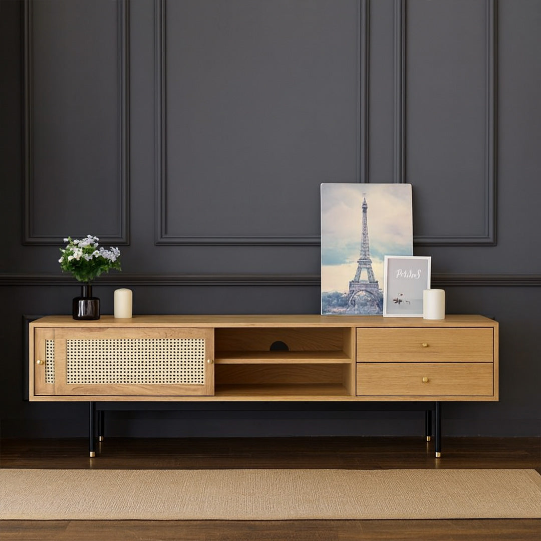 Catan Cane Entertainment Unit in natural finish with woven rattan cane doors, handcrafted solid Acacia wood TV stand by House of Woodworm