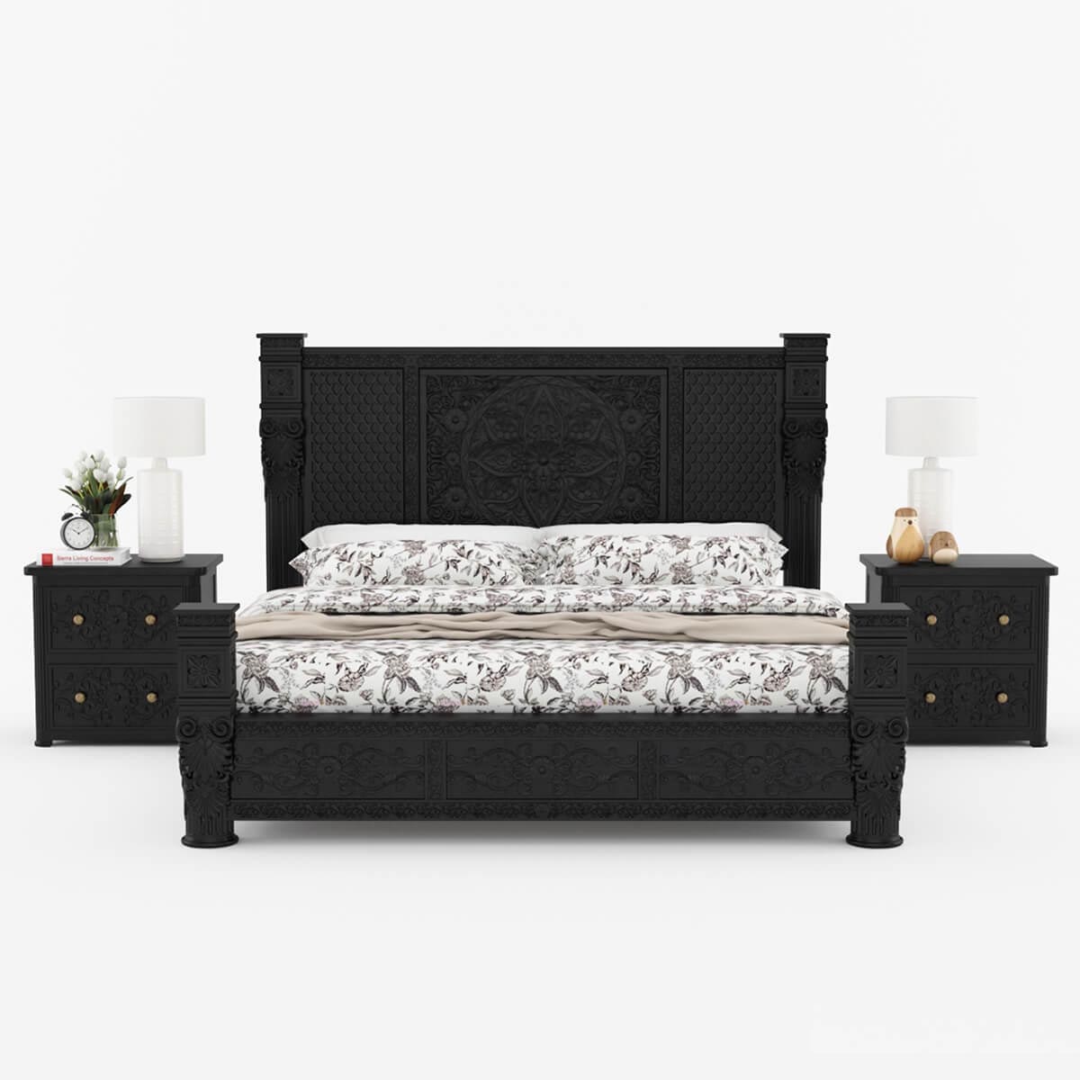 Woodworm Furniture | Jodhpur Carved Bed | Solid Wood | Sheesham | Black 
