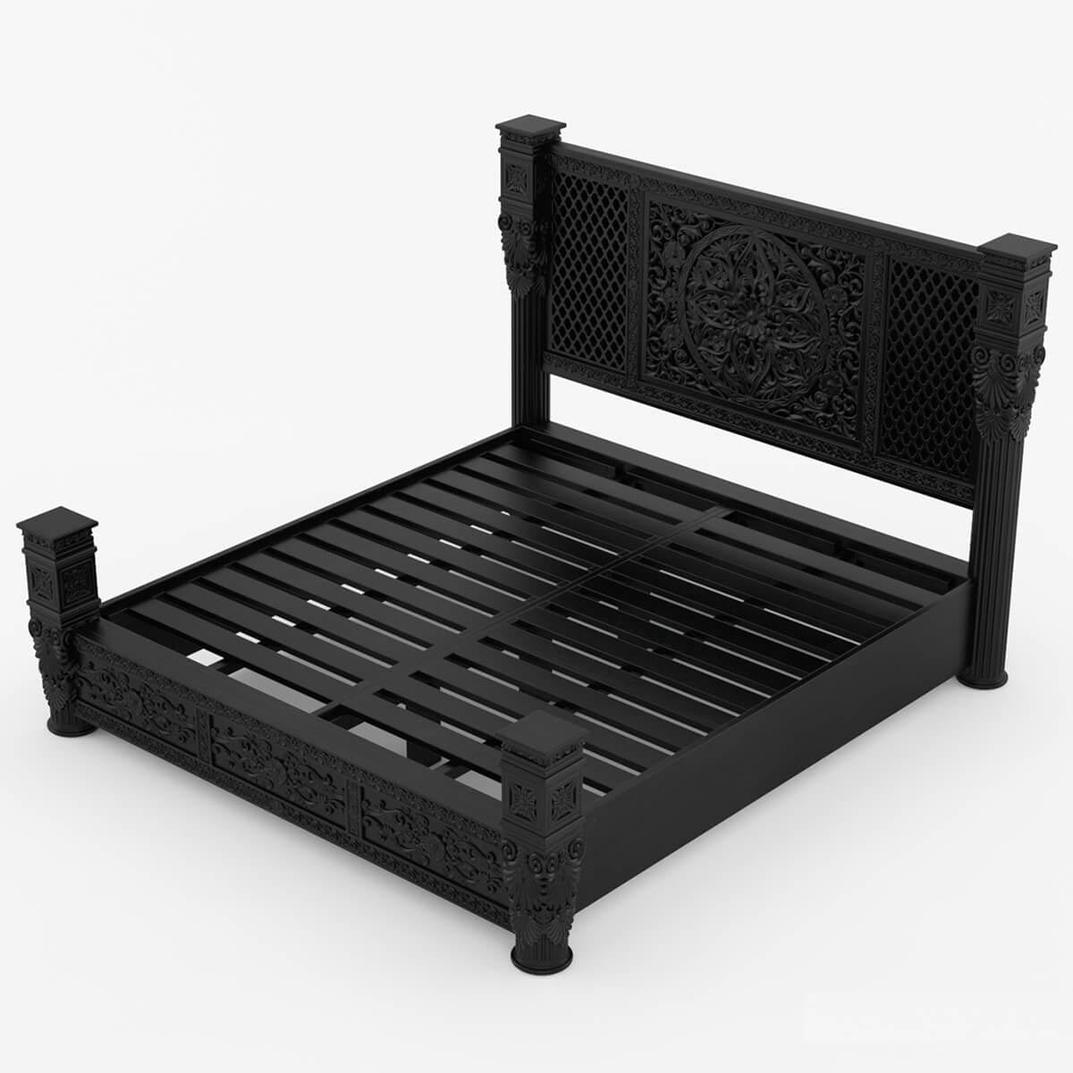 Woodworm Furniture | Jodhpur Carved Bed | Solid Wood | Sheesham | Vintage Bed