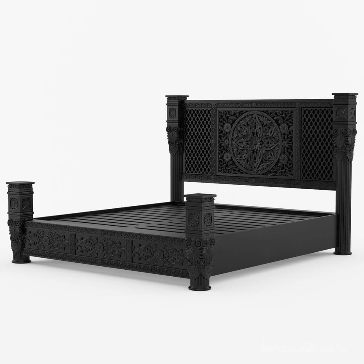 Woodworm Furniture | Jodhpur Carved Bed | Solid Wood | Sheesham