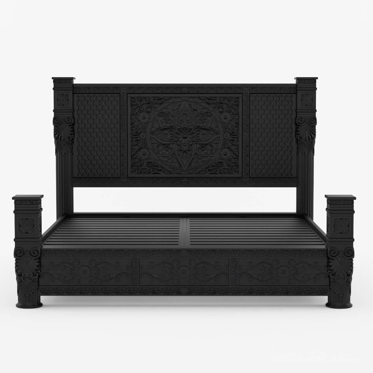 Woodworm Furniture | Jodhpur Carved Bed | Solid Wood | Sheesham | Front View