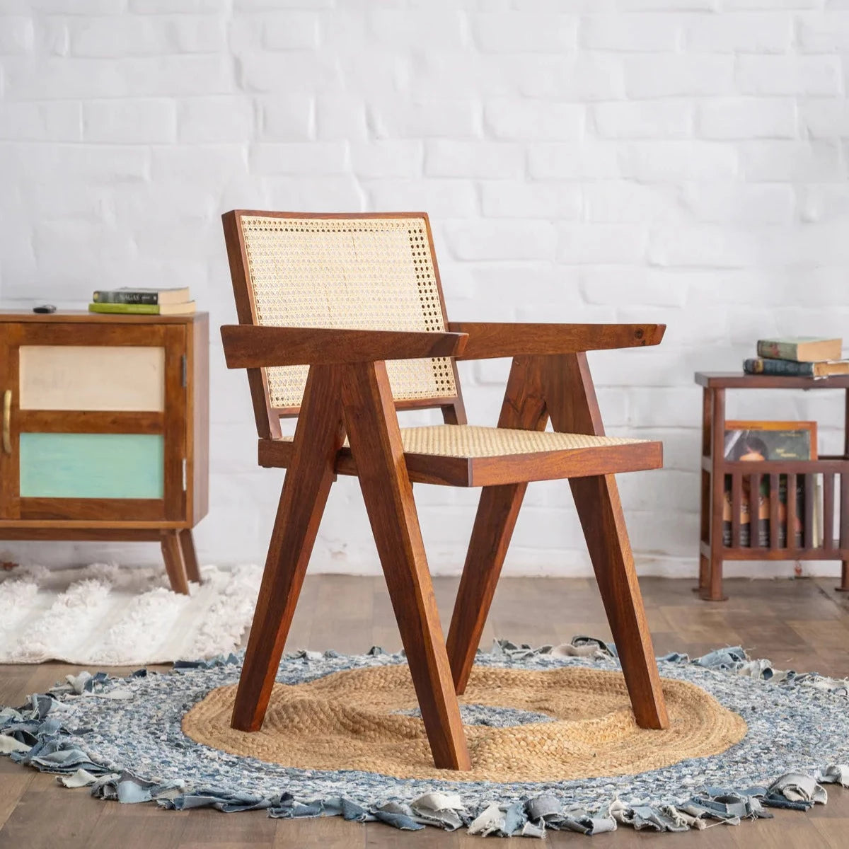 Woodworm | Premium Solid Wood Cane Chair | Sheesham | Honey | Side View 