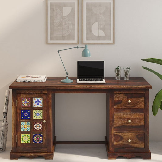 Woodworm Furniture | Nabu Solid Wood Study Desk | Handicraft Tilework