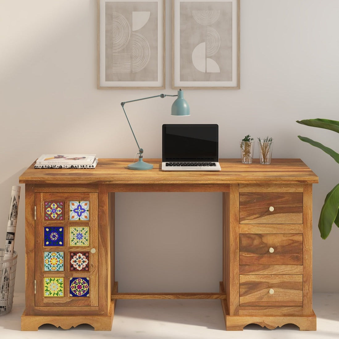 Woodworm Furniture | Nabu Solid Wood Study Desk | Handicraft Tilework